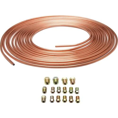 25ft Galvanized Copper Brake Line Tubing Replacement Coil Roll Flexibile Full Size Fittings SAE Thread Anti-rust