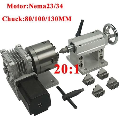CNC A Axis Rotary Axis 4th Axis CNC Tailstock Chuck 80/100/130mm 20:1 4jaw for Wood Metal Router CNC 3040 6040 Engraving Machine