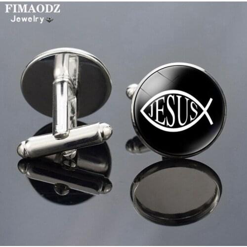 FIMAODZ Christian Fish Jesus Cufflinks I Love Jesus Glass Print High Quality Silver Cuff Links for Men Women Religious Jewelry