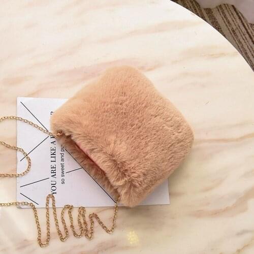 Khaki Women Winter Chains Square Shaped Girls Princess Trendy Furry Faux Fur Bag Plush Crossbody Bags Casual Soft Ins Girl Bag