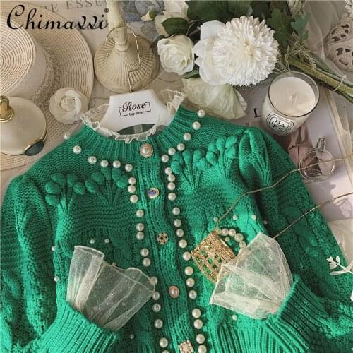 French Retro Green Sweater 2021 Autumn Heavy Exquisite Button Pearl Short Knitted Cardigan Fashion Long Sleeve Cropped Cardigan