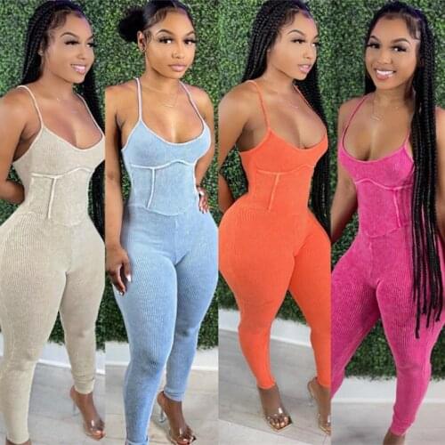 Summer Streetwear Backless Bodycon Jumpsuit Women Spaghetti Strap Sleeveless One Piece Outfit Fitness Jumpsuit 2021