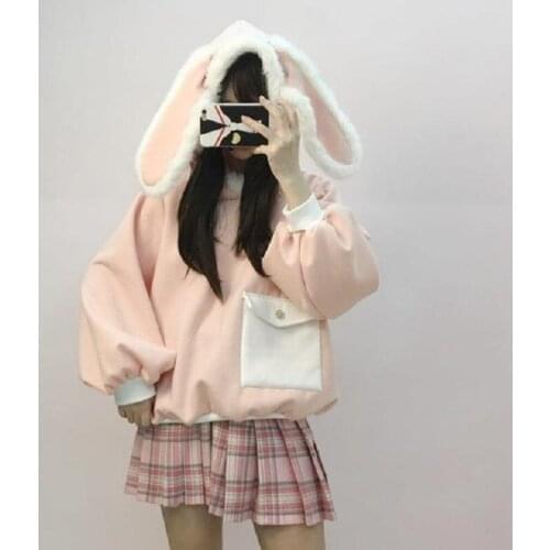 Cute rabbit ears hoodie female Japanese kawaii preppy style JK sweet long-sleeved sweatshirt Y2k Harajuku Oversize outerwear top