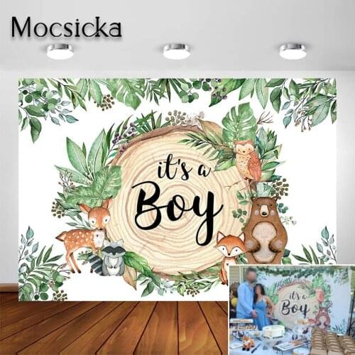 Mocsicka Its a Boy Backdrop Woodland Animals Baby Shower Background Safari Forest Greenery Oh Boy Baby Shower Party Decorations