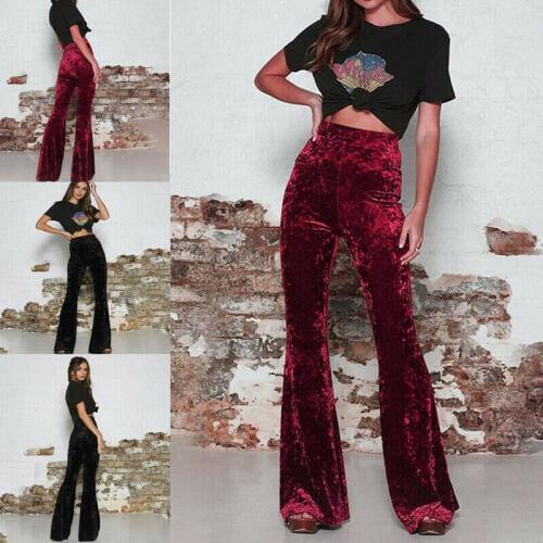 Fashion Womens Warm High Waist Gold Velvet Bell Bottom Stretch Slim solid Wide Leg Pants autumn winter Elastic waist Trousers