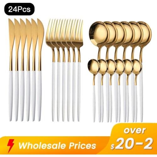 White Gold Stainless Steel Dinnerware Set 24Pieces Cutlery Set Knives Forks Coffee Spoons Flatware Suit Kitchen Home Tableware
