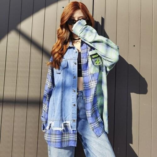 New shirt women spring Autumn fashion cotton long-sleeved loose contrast denim plaid shirt Y759