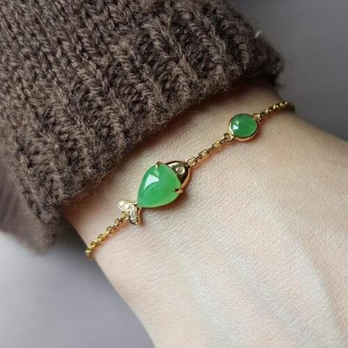New natural green chalcedony egg noodle fish-shaped bracelet Chinese retro elegant charm womens brand silver jewelry