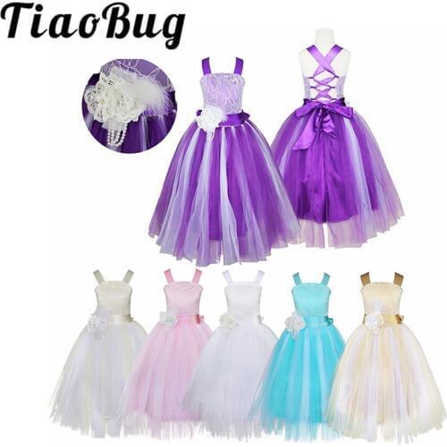 TiaoBug Girls Flower Girl Dress Princess Wedding Party Dresses Pageant Holiday Crossed Back Lace Formal Tulle Flower Girl Dress