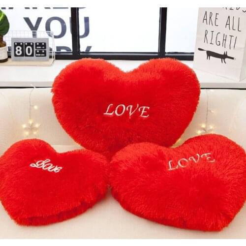 Red Love Heart Shape Throw Pillow Letters Embroidered Long Fluffy Plush Soft Cushion Pad Sofa Home Decor Valentine’s Day Gift