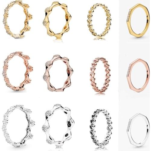 High Quality 925 Silver Rose Gold Polygon, Flower Crown, Heart To Heart, Sparkling Modern Love Pod Ring Original Woman Jewelry