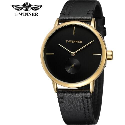 T-winner Fashion Top Brand Men Mechanical Watches Genuine Leather Strap Luxury Business Mens Black Case Dress Relogio Masculino