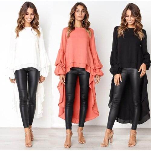 Tops for Women Full Sleeves 2020 Spring and Autumn New Sexy Ruffled Long-sleeved Tops Solid Color Irregular Long Tops