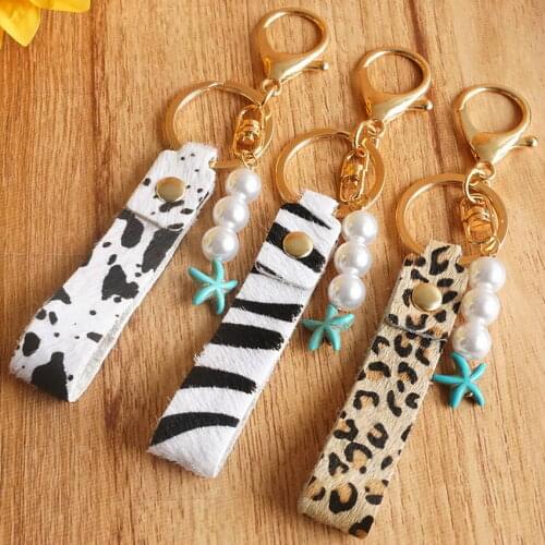 Tropical Genuine Leather Wristband Pearl Starfish Keychain Real Leather Animal Print Zebra Leather Cheetah Key Rings Jewelry