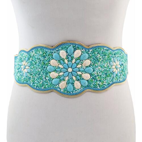 Boho Vintage Wide Flower Waist Belts For Women Elastic Leather Stone Beaded Stretchy Corset Waistband Belly Body Chain Jewelry