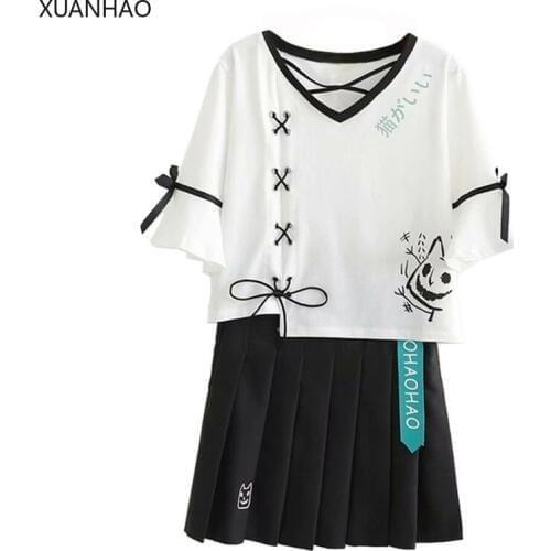 XUANHAO Summer 2 Piece Set Women Lace Up White Crop Top And Black Pleated Skirt Set 2 Piece Outfit Women Matching Set S-XL