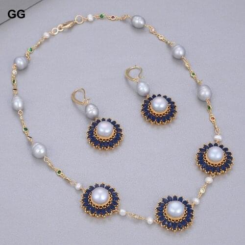 19'' Freshwater Gray Pearl Chain CZ Pave Flower Necklace Earrings Set
