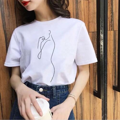 Womens T-shirt Abstract Stick figure line Printed Tshirt Fashion Fun Retro Top Lady Harajuku Short Sleeve tee shirt femme Mujer