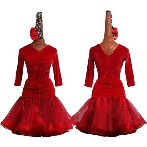 Red Latin Dance Practice Clothing Women Art Test Winter Practice Skirt Velvet Latin Dance Dress Fashion Fishbone Pleated Skirt
