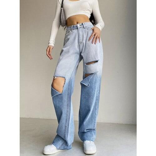 Nic Ripped Loose High Waist Jeans Trousers For Women Baggy Straight Pants Denim Pocket Wide Leg Hole Casual Harajuku