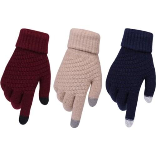 Womens Knitted Thicken Winter Gloves Touch Screen Full Finger Warmer Gloves Stretch Imitation Wool Outdoor Skiing Gloves