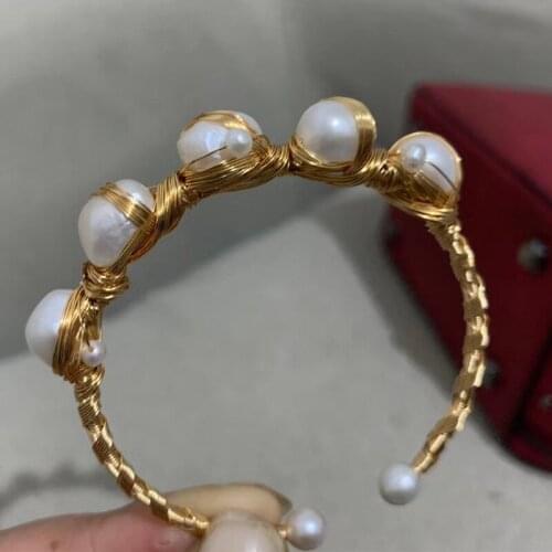 Free shipping women large baroque real natural pearl handmade stretch bracelet open bangle wedding fashion gift lady best seller