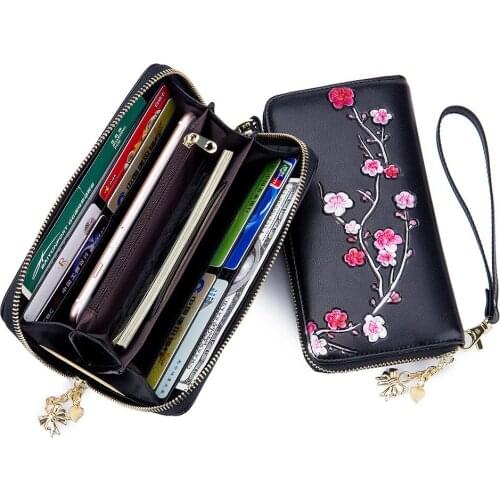 RFID Wallet Women Luxury Genuine Leather Long Wallet Ladies Large Capacity Clutch Purse Flower Wallet Fashion Wristlet Money Bag