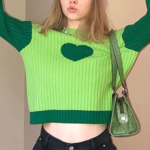 Women Sweaters Patchwork Long Sleeve O-neck Fashion Love Pattern Color-Match Knit Pullover Sweater Female Sweet Ladies Knitwear