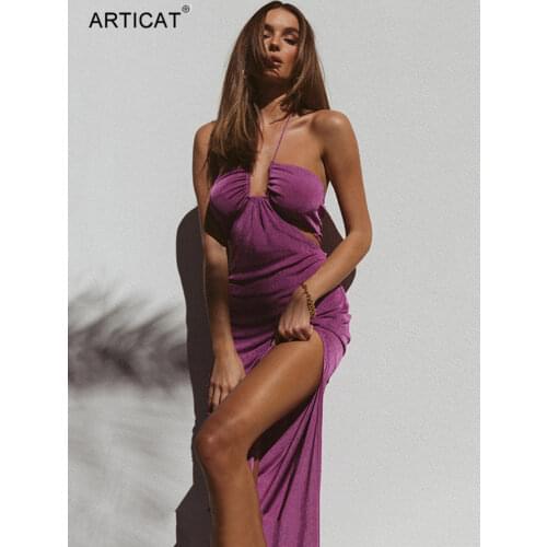 Articat Halter High Split Strapless Midi Dress Women Summer Sexy Backless Hollow Out Solid Slim Vestidos Fashion Streetwear 2021