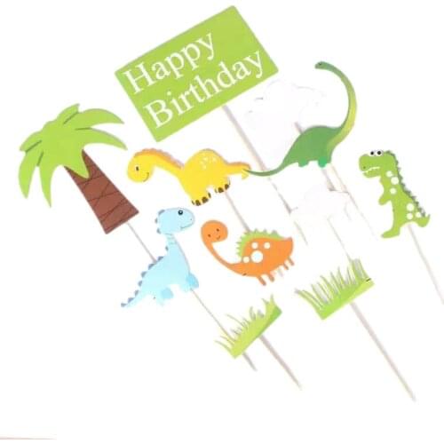 11 Pcs Cute Dinosaur Cake Topper Coconut Tree Birthday Cake Decoration Green Grass Kids Party Supplies Cake Accessories