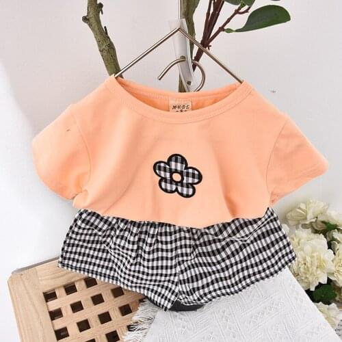 Childrens Clothing Summer New T-shirt Girls Fashion Short Sleeve Plaid Skirt Pants Two-piece Wholesale