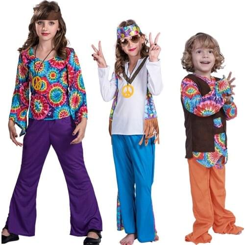 Children kid Retro 60s 70s Hippie costume halloween Cosplay Carnival for boys girls flower Fancy Disguise Party dress clothes