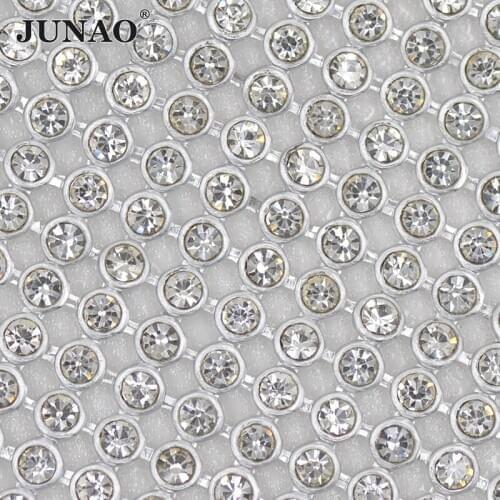 JUNAO 45*120cm Silver Hotfix Rhinestones Trim Fabric Clear Glass Strass Crystal Aluminum Mesh Bridal Beaded Applique