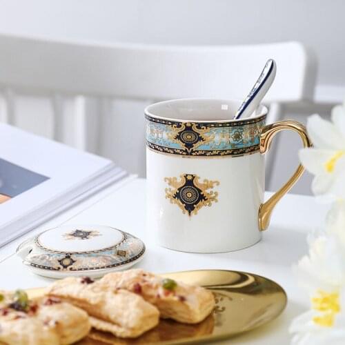 Royal European Mug luxurious Golden handle With spoon cover Exquisite gift office Afternoon tea coffee ceramic cup