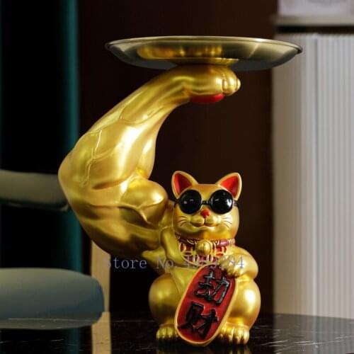 Cartoon Cat Lucky Cat Golden Animal Storage Ornaments Muscle Arm Sunglasses Tray Desktop Storage Modern Home Decoration