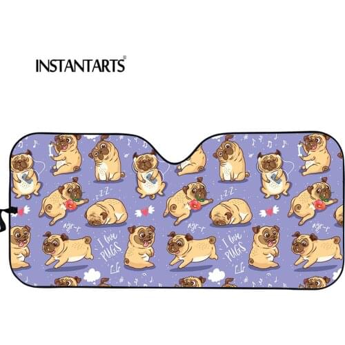 INSTANTARTS Cute Funny Pug Pupies Purple Girly Auto Interior Accessories UV Protect Foldable Car Windshield Sun Shade for Women