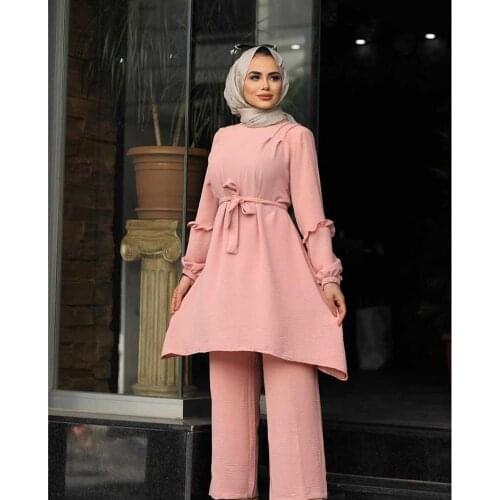 Muslim 2 Piece Sets Women Abaya Dubai Lace-up Tops Wide Leg Pants Kaftan UAE Pakistan Turkey African Prayer Islamic Clothing New