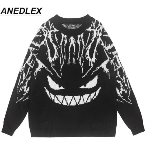 Mens Hip Hop Streetwear Harajuku Casual Sweater Loose VintageDark Demon Knitted Sweater 2021 Autumn Cotton Pullover Clothing