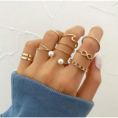 10-pieces set Alloy Pearl Geometric Ring Set Adjustable Opening Jewelry Party Gift Rings for Women Personality Design Ring Set