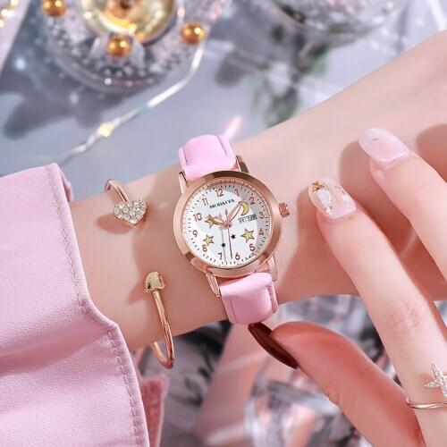 New stock! ! Watch Female simple Leather strap Luminous Dual Dalendar Watch Waterproof Quartz Watch for women Stars and moon