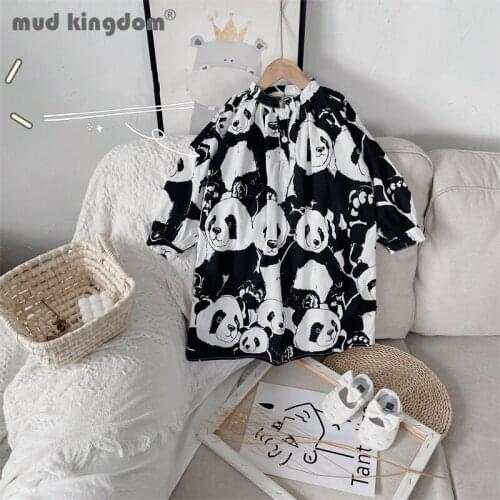 Mudkingdom Panda Graffiti Girls Dress Casual Crew Neck Long Puff Sleeve Button Fashion Dresses Girl Spring Autumn Kids Clothes