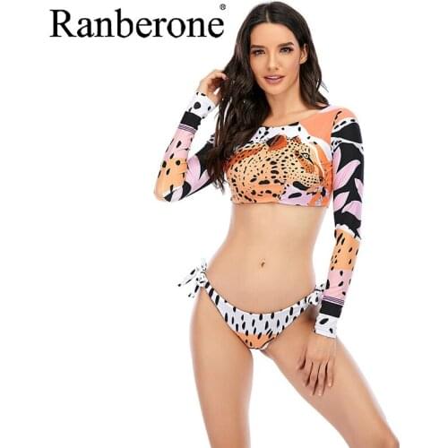 Ranberone 2 Piece Set Swimwear Women 2021 Leopard Print Bikini Long Sleeve Sunscreen Swimsuit Split Push Up Bandage Swimwear