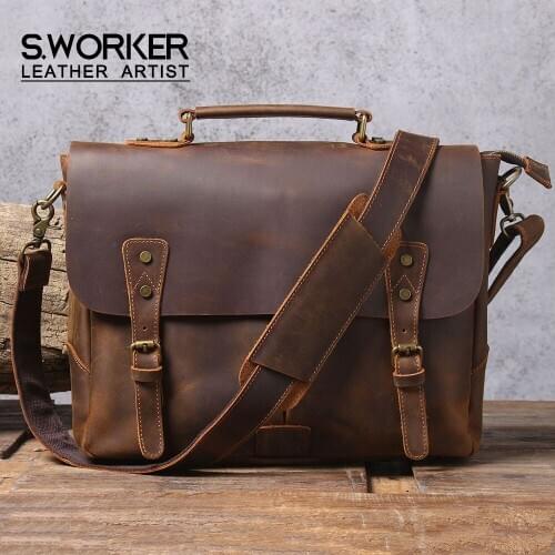 S.WORKER Vintage Genuine Leather Mens Briefcase Laptop Messenger Bag Crazy Horse Leather Handbag Cowhide Retro Casual Style