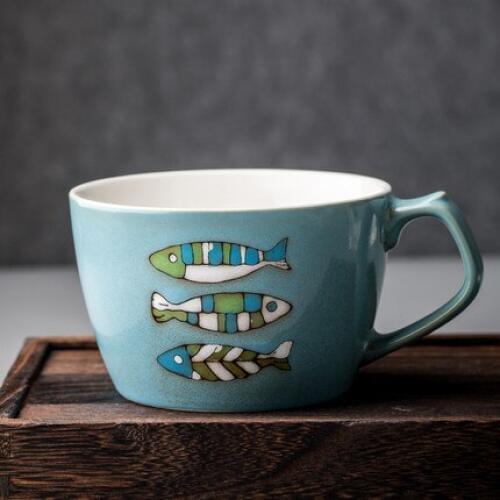 Nordic Ceramic Mug Large Mouth Personalized Breakfast Cup Oatmeal Milk Cup Mug Blue Breakfast Bowl Cup Drinkware