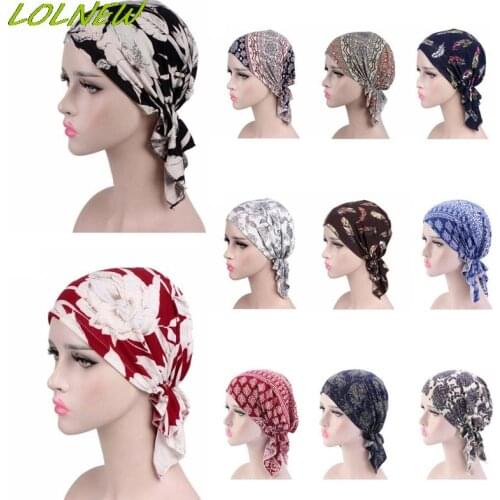 Pre-tie Style Spring Summer Brand Skullies Beanies Women Turban Chemotherapy Cap New Stretch Cotton Printing CHEMO CAP