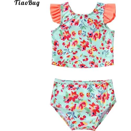TiaoBug Summer 2Pcs Kids Girls Short Ruffle Sleeve Open Back Bowknot Floral Pattern Tankini Swimsuit Swimwear Bathing Suit Set