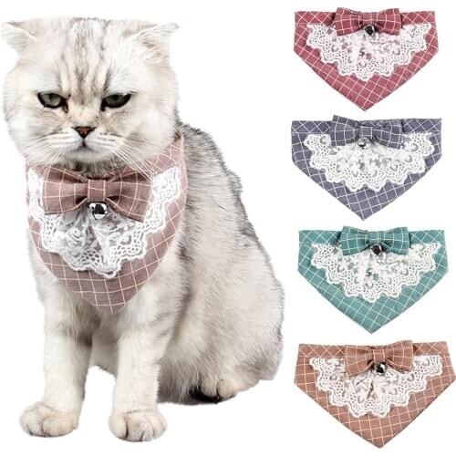 Pet Supplies Fashion Dog Cat Triangle Plaid Lace Bow Bell Travel Towel Scarf Bib Cat Accessories