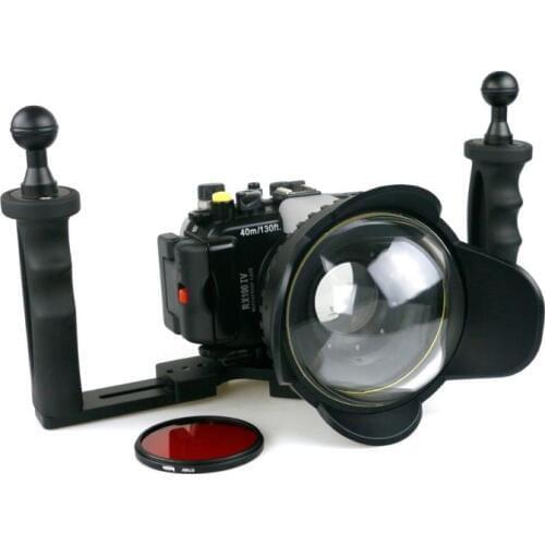 40M Underwater Waterproof Camera Housing Diving Case for Sony RX100 IV M4 + Red Filter + Fisheye Lens + Two Hands Aluminium Tray