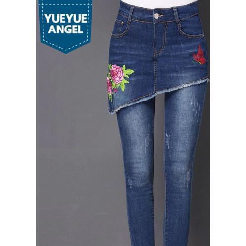 Embroidery Women Long Pants Skirt Streetwear Fashion Female Trousers Ripped Jeans Denim Large Size Flower Black Blue