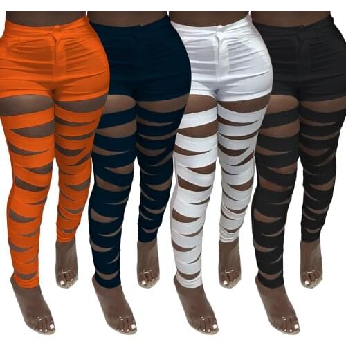 Female Long Pants, Solid Color High Waist Hollow Out Trousers for Summer, White/Red/Black/Purple/Orange/Navy